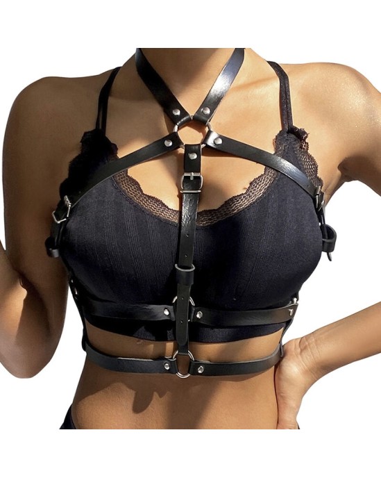 Subblime Fetish SUBBLIME - LEATHER RING CHEST HARNESS BLACK ONE SIZE