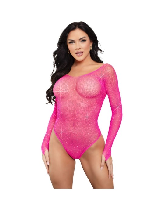 Leg Avenue Teddies LEG AVENUE - CRYSTALIZED LONG SLEEVE BODYSUIT FUCHSIA