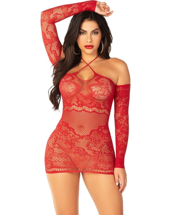 Leg Avenue Dresses LEG AVENUE - OFF-SHOULDER LONG-SLEEVED MESH MINI DRESS RED