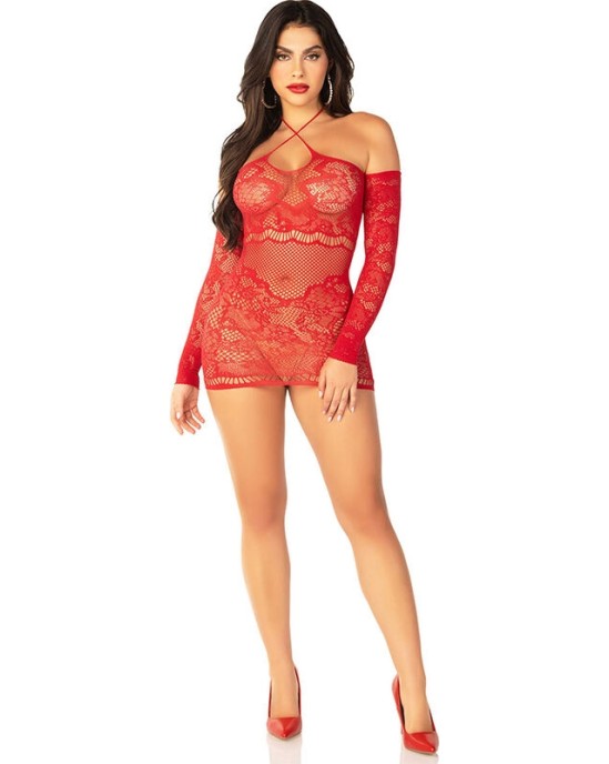 Leg Avenue Dresses LEG AVENUE - OFF-SHOULDER LONG-SLEEVED MESH MINI DRESS RED