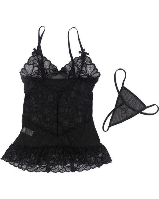 Subblime Babydolls SUBBLIME - BABYDOLL WITH ADJUSTABLE STRAPS AND TRANSPARENT LACE FLORAL PRINT BLACK S/M