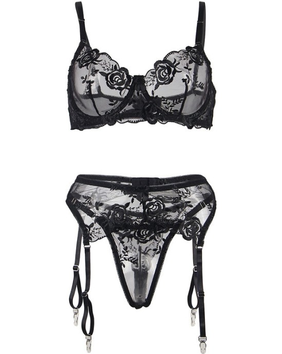 Subblime Sets SUBBLIME - SET OF 3 PIECES BRA + THONG + GARTER FLORAL PRINT BLACK S/M