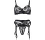 Subblime Sets SUBBLIME - SET OF 3 PIECES BRA + THONG + GARTER FLORAL PRINT BLACK S/M