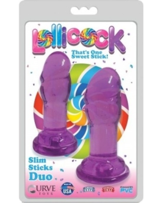 Xr - Lollicock KOMPLEKTĀCIJA X 2 SLIM STICK DILDOS AR PURPURA SŪCEKUSI