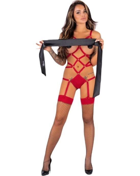 Livco Corsetti Sets LIVCO CORSETTI FASHION - THIARA LC 20213 SET BODY + STOCKINGS RED S/M