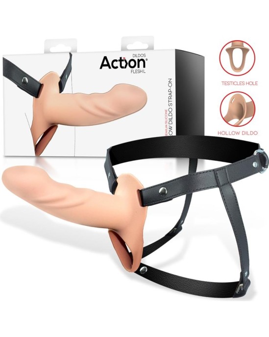 Action Strap-On with Hollow Dildo Premium Silicone Size L Flesh