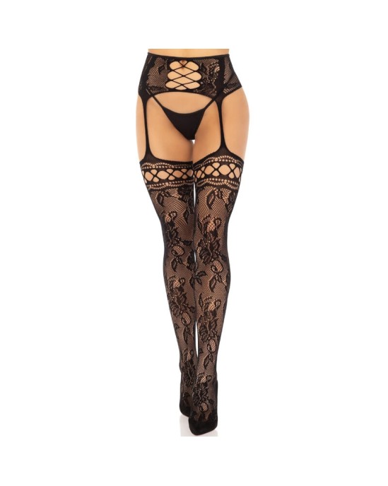 Leg Avenue Hosiery LEG AVENUE - ЧУЛКИ С КРУЖЕВНЫМИ ПОДВЯЗКАМИ С ЦВЕТОЧНЫМ ЦВЕТОМ, ЧЕРНЫЕ