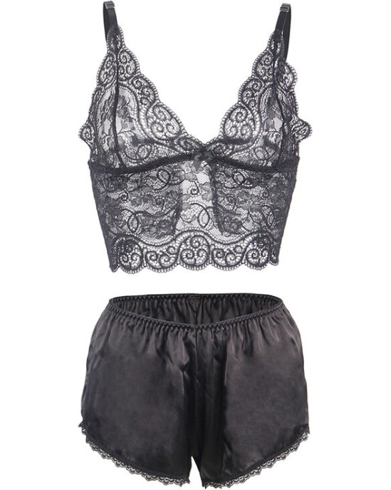 Subblime Sets SUBBLIME - 953911 ШЕЛКОВАЯ И КРУЖЕВНАЯ НОЧНАЯ СОРОЧКА + ТРУСИКИ ЧЕРНЫЕ S/M