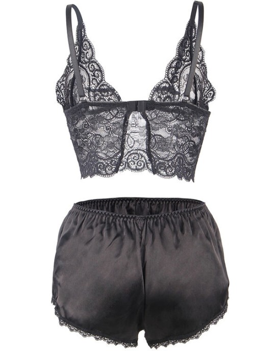 Subblime Sets SUBBLIME - 953911 ШЕЛКОВАЯ И КРУЖЕВНАЯ НОЧНАЯ СОРОЧКА + ТРУСИКИ ЧЕРНЫЕ S/M
