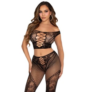 Leg Avenue Sets LEG AVENUE - CROP TOP AND FISHNET LEGGING WITH BARE SHOULDERS BLACK