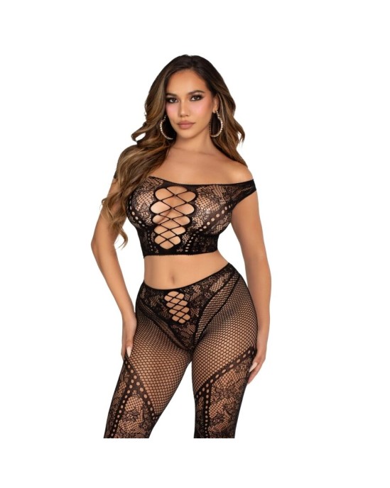 Leg Avenue Sets LEG AVENUE - CROP TOP AND FISHNET LEGGING WITH BARE SHOULDERS BLACK