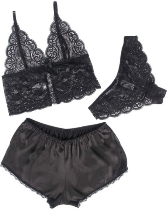 Subblime Sets SUBBLIME - 953928 ШЕЛКОВАЯ И КРУЖЕВНАЯ НОЧНАЯ СОРОЧКА + ТРУСИКИ ЧЕРНЫЕ L/XL