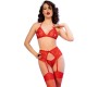 Chilirose Sets CHILIROSE - CR 4848 RED LACE BRA + THONG + STOCKINGS SET S