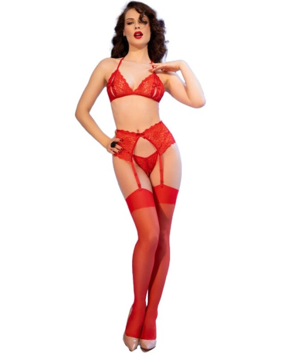 Chilirose Sets CHILIROSE - CR 4848 RED LACE BRA + THONG + STOCKINGS SET S