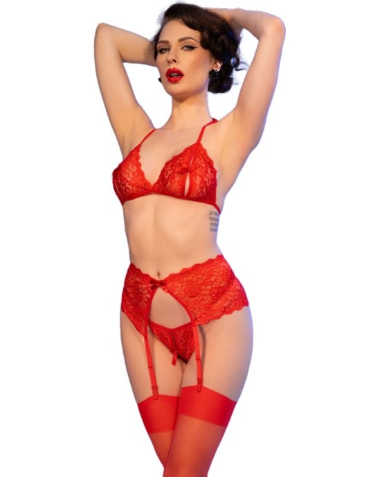 Chilirose Sets CHILIROSE - CR 4848 RED LACE BRA + THONG + STOCKINGS SET S