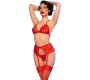 Chilirose Sets CHILIROSE - CR 4848 RED LACE BRA + THONG + STOCKINGS SET S