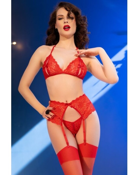 Chilirose Sets CHILIROSE - CR 4848 RED LACE BRA + THONG + STOCKINGS SET S