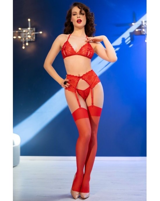 Chilirose Sets CHILIROSE - CR 4848 RED LACE BRA + THONG + STOCKINGS SET S