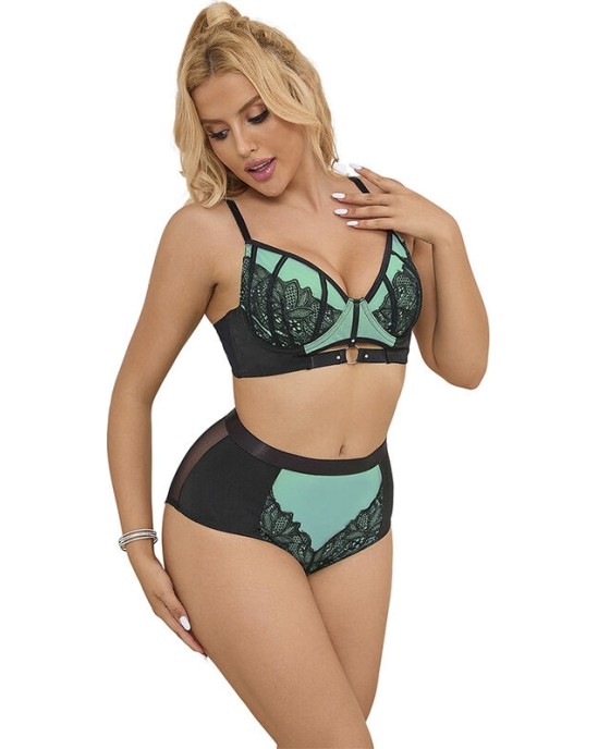 Subblime Sets SUBBLIME - 955564 GREEN PATENT LEATHER MESH ZIPPER BRA SET L/XL