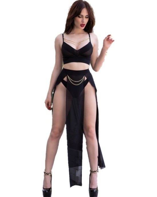 Chilirose Sets CHILIROSE - CR 4672 BLACK TOP SKIRT AND THONG WITH GOLDEN CHAINS S