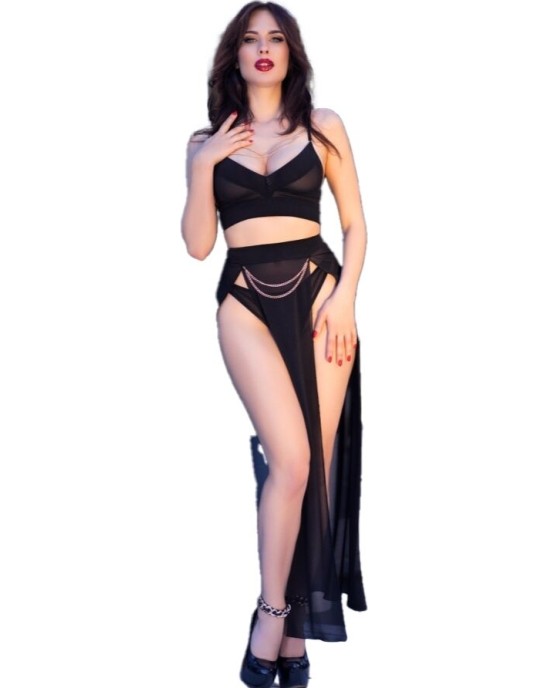 Chilirose Sets CHILIROSE - CR 4672 BLACK TOP SKIRT AND THONG WITH GOLDEN CHAINS S