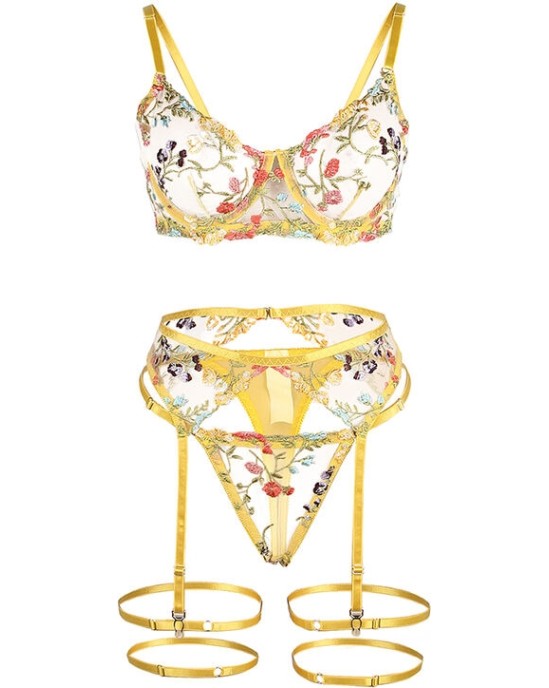 Subblime Sets SUBBLIME — 954345 Krūšturis + SIKSNA + PRIEKŠVETES JOSTA FLORAL DESIGN YELLOW S/M