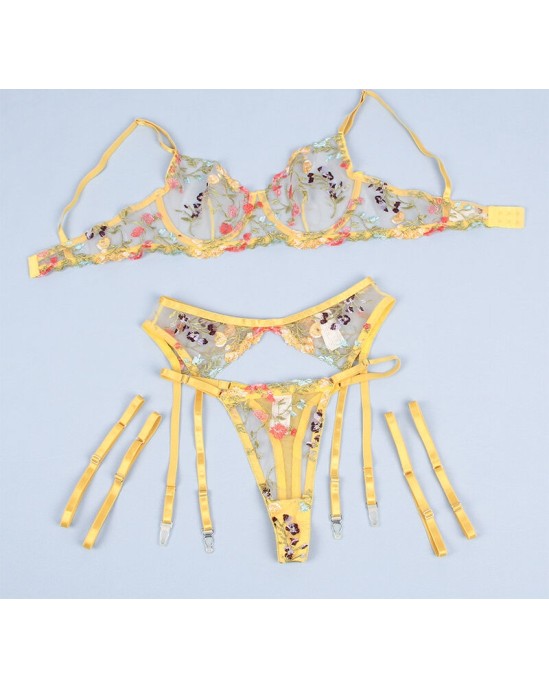 Subblime Sets SUBBLIME — 954345 Krūšturis + SIKSNA + PRIEKŠVETES JOSTA FLORAL DESIGN YELLOW S/M