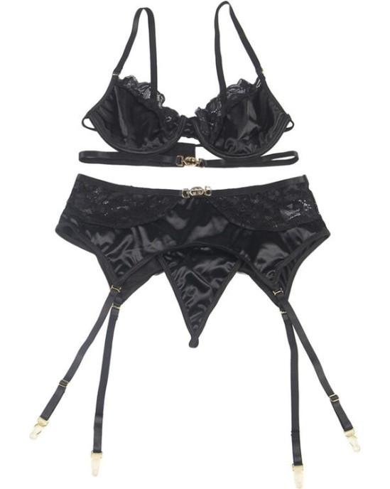 Subblime Sets SUBBLIME - SET OF 3 PIECES BRA + THONG + LACE GARTER BLACK S/M