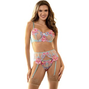 Subblime Sets SUBBLIME - 954116 БЮСТГАЛЬТЕР + ТРУСИКИ С ПОЯСОМ ДЛЯ ЧУЛКОВ ЦВЕТОЧНЫЙ УЗОР СИНИЙ L/XL