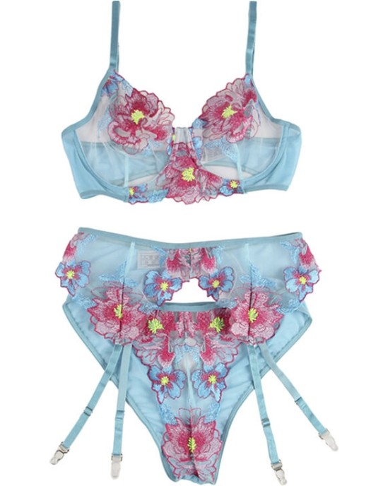 Subblime Sets SUBBLIME - 954116 БЮСТГАЛЬТЕР + ТРУСИКИ С ПОЯСОМ ДЛЯ ЧУЛКОВ ЦВЕТОЧНЫЙ УЗОР СИНИЙ L/XL