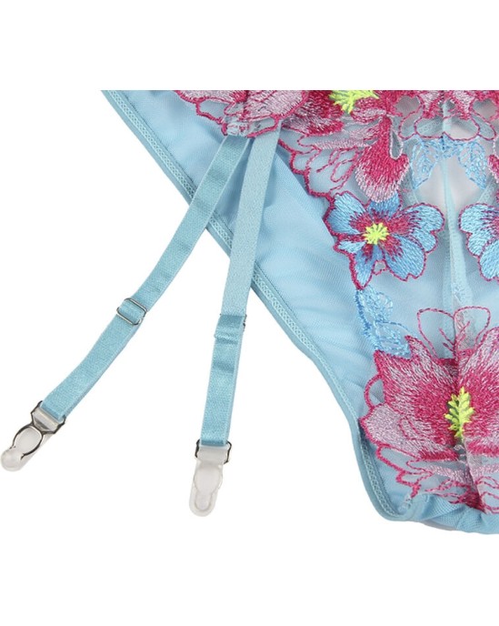 Subblime Sets SUBBLIME - 954116 БЮСТГАЛЬТЕР + ТРУСИКИ С ПОЯСОМ ДЛЯ ЧУЛКОВ ЦВЕТОЧНЫЙ УЗОР СИНИЙ L/XL