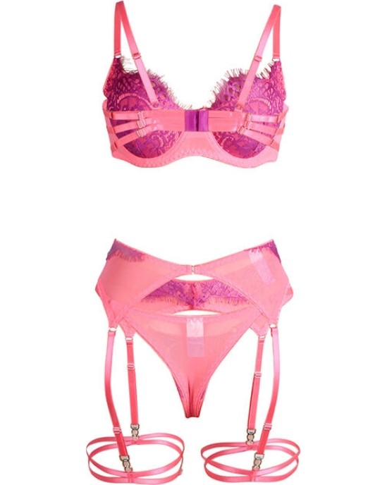 Subblime Sets SUBBLIME - 955366 BRA SET WITH LACE AND GARTER LINES PINK AND PURPLE L/XL