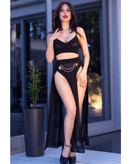 Chilirose Sets CHILIROSE - CR 4672 BLACK TOP SKIRT AND THONG WITH GOLDEN CHAINS XL