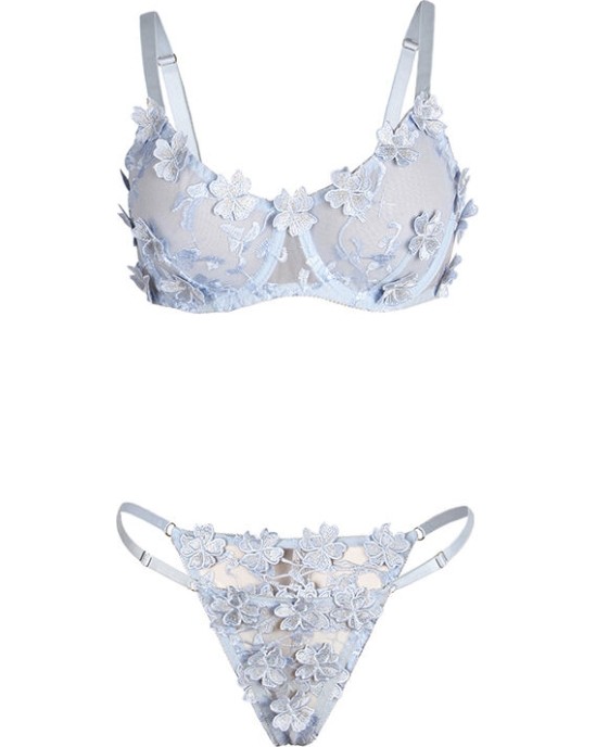 Subblime Sets SUBBLIME - 957629 FLOWER EMBROIDERED BRA AND PANTIES SET SKY BLUE S/M