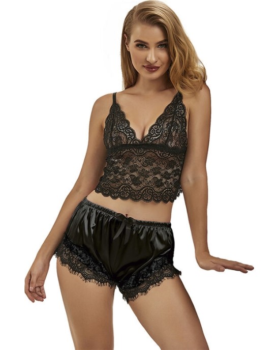 Subblime Sets SUBBLIME - 953935 ПОВСЕДНЕВНАЯ ШЕЛКОВАЯ НОЧНАЯ СОРОЧКА + КРУЖЕВНЫЕ БРЮКИ ЧЕРНЫЕ S/M