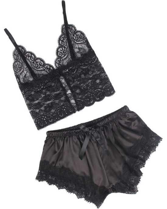 Subblime Sets SUBBLIME - 953942 ПОВСЕДНЕВНАЯ ШЕЛКОВАЯ НОЧНАЯ СОРОЧКА + КРУЖЕВНЫЕ БРЮКИ ЧЕРНЫЕ L/XL