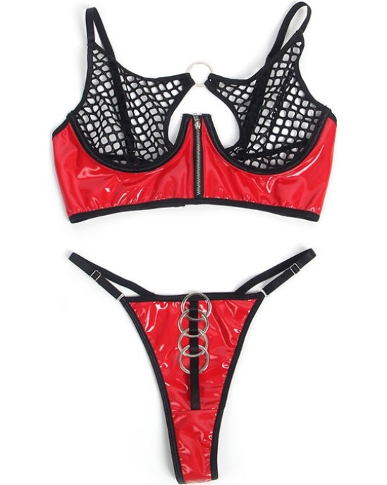 Subblime Sets SUBBLIME - 955533 RED PATENT LEATHER MESH ZIPPER BRA SET S/M