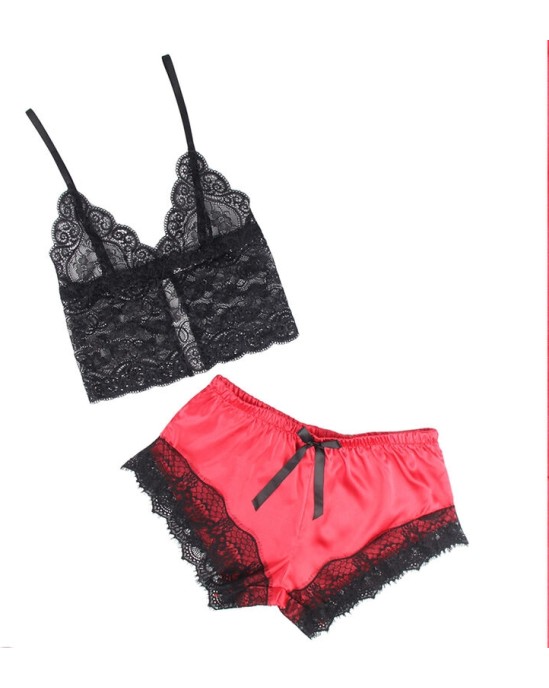 Subblime Sets SUBBLIME - 953959 ПОВСЕДНЕВНАЯ ШЕЛКОВАЯ НОЧНАЯ СОРОЧКА + КРУЖЕВНЫЕ БРЮКИ ЧЕРНЫЕ/КРАСНЫЕ S/M