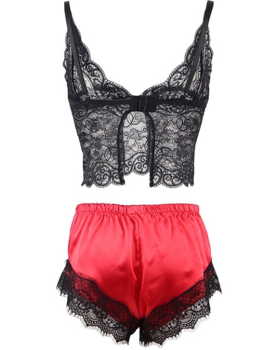 Subblime Sets SUBBLIME - 953959 ПОВСЕДНЕВНАЯ ШЕЛКОВАЯ НОЧНАЯ СОРОЧКА + КРУЖЕВНЫЕ БРЮКИ ЧЕРНЫЕ/КРАСНЫЕ S/M