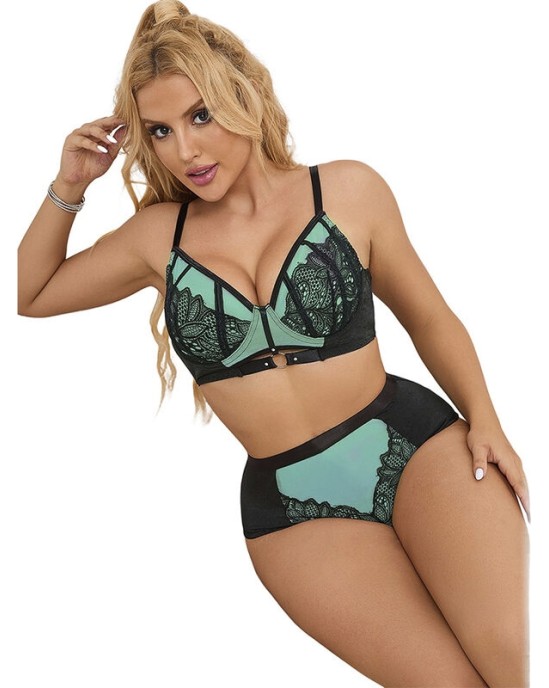 Subblime Sets SUBBLIME - 955557 GREEN PATENT LEATHER MESH ZIPPER BRA SET S/M