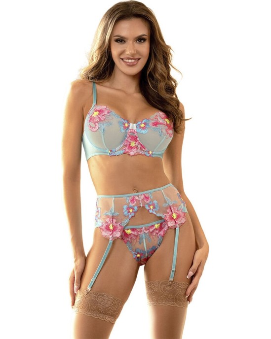 Subblime Sets SUBBLIME - 957650 FLOWER EMBROIDERED BRA AND GARTER BELT SET PINK L/XL
