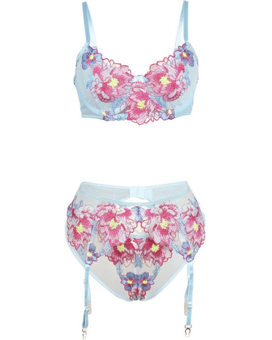 Subblime Sets SUBBLIME - 957650 FLOWER EMBROIDERED BRA AND GARTER BELT SET PINK L/XL