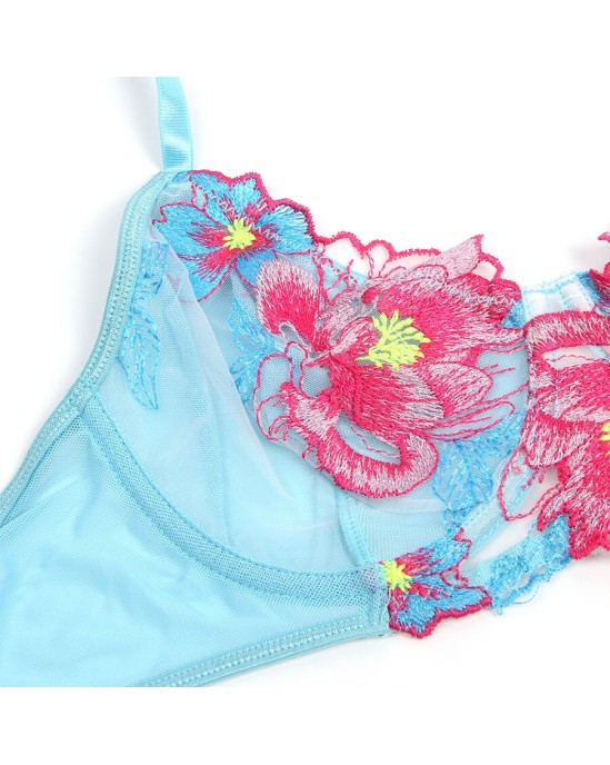 Subblime Sets SUBBLIME - 957650 FLOWER EMBROIDERED BRA AND GARTER BELT SET PINK L/XL