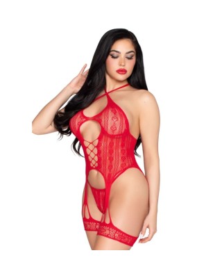 Leg Avenue Bodystockings LEG AVENUE - 89338 LACE OPEN BODYSUIT WITH GARTER BELT + THONG RED - ONE SIZE