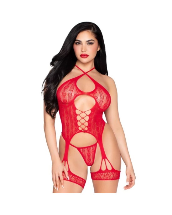 Leg Avenue Bodystockings LEG AVENUE - 89338 LACE OPEN BODYSUIT WITH GARTER BELT + THONG RED - ONE SIZE