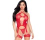 Leg Avenue Bodystockings LEG AVENUE - 89338 LACE OPEN BODYSUIT WITH GARTER BELT + THONG RED - ONE SIZE